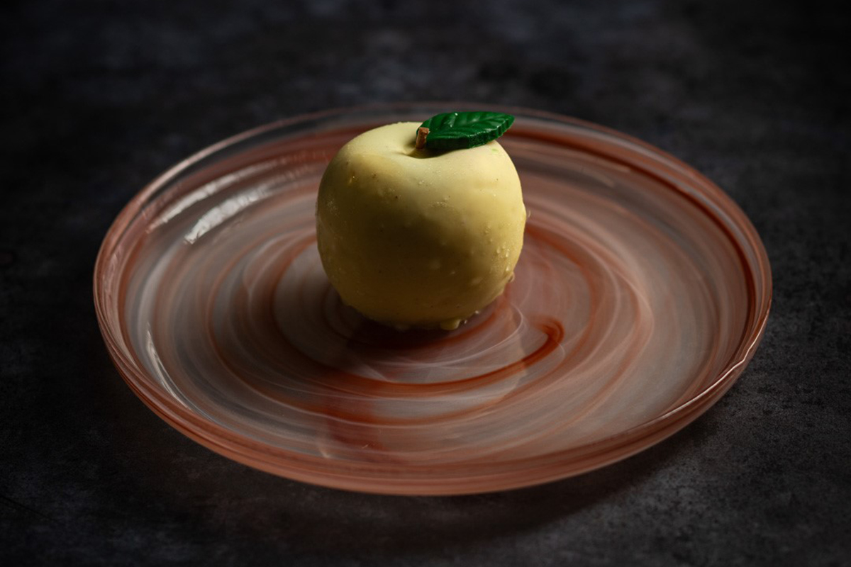 An apple shaped dessert at Restaurant Journey Cheltenham